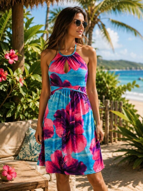Dresses & Skirts - Tropical Floral Halter Dress S/M - Wrinkle-Free Resort Beach Vacation Midi TOP